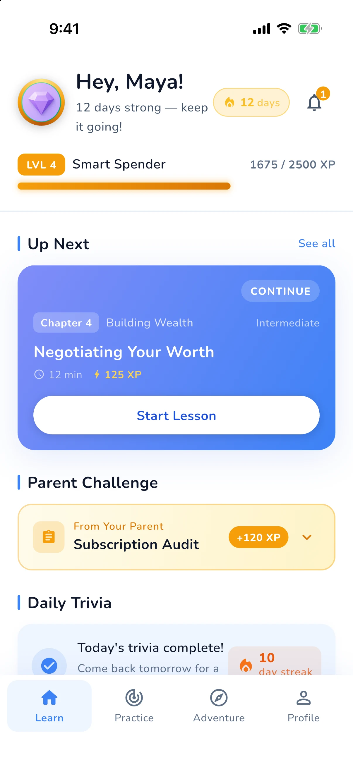 Fin student home screen: lessons, parent challenges and daily trivia